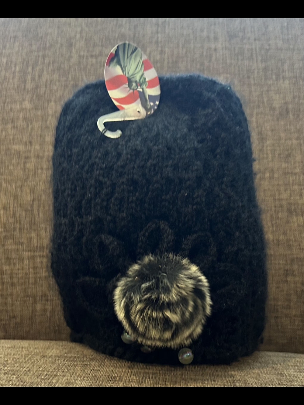 NWT Black Knit Pom Pom Beanie Poof Beads OS Thick Cotton Blend